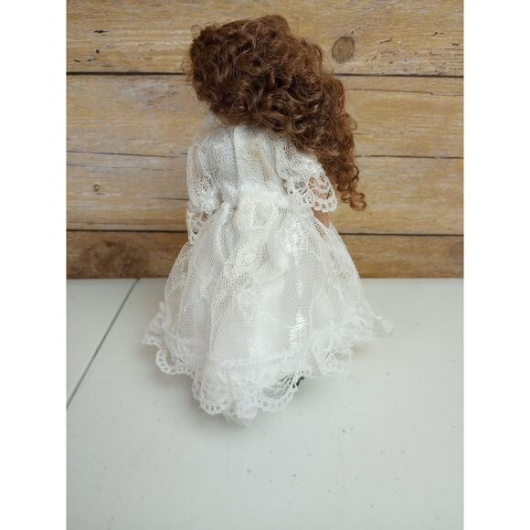 Vintage 90s Porcelain Doll White lace Dress Brown Curly Hair Tan 6 inches Tall - Picture 4 of 9